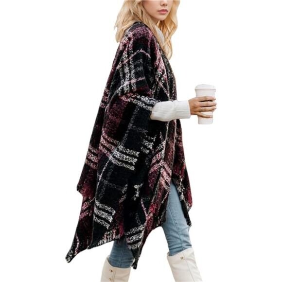 Women's Shawl Wraps Open Front Travel Poncho Cape Warm Oversized Plaid Sweaters - Picture 1 of 7